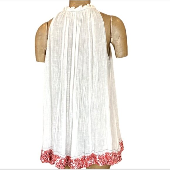 Free People White Gauze Tunic Top Red Floral Ruffle Hem XS Tassel Tie 294G - Picture 5 of 9